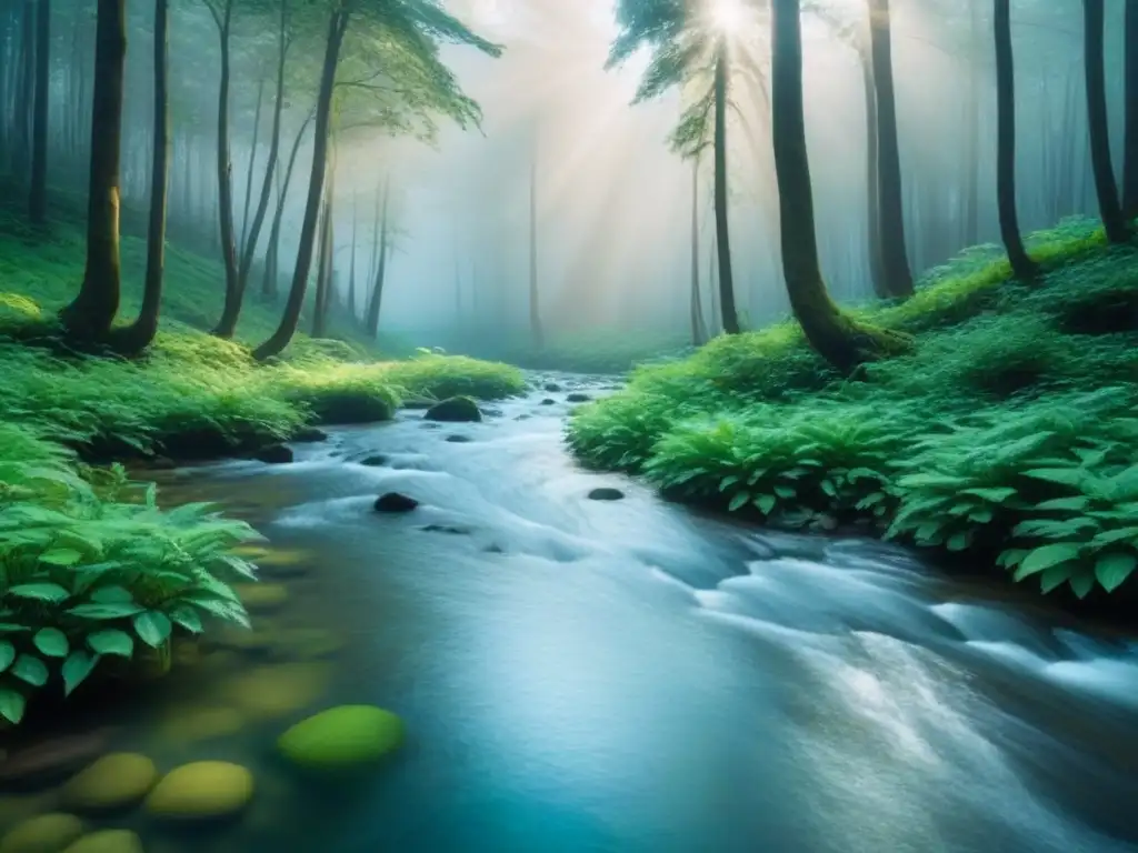 Un bosque sereno y exuberante con un arroyo, reflejando tranquilidad y armonía con la naturaleza, ideal para educación ambiental