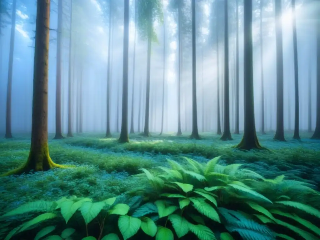 Un bosque sereno y exuberante, bañado por la luz del sol entre los árboles altos