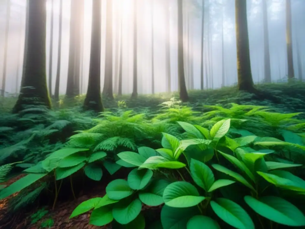 Bosque sereno y exuberante con luz solar entre las hojas, reflejando la belleza natural y los Beneficios cosméticos sólidos sostenibles