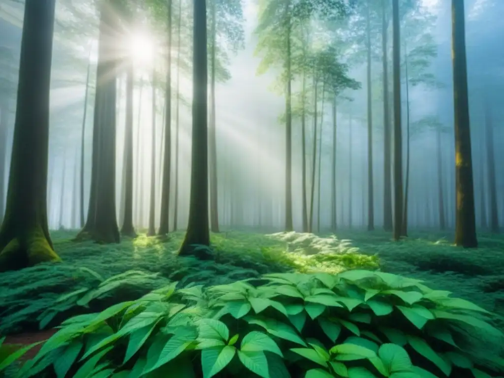 Bosque sereno y exuberante, con luz filtrándose entre las hojas, creando un ambiente de conciencia ambiental en la escritura