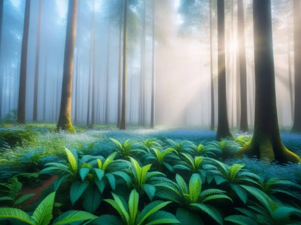 Bosque sereno con flora y fauna diversa bajo cielo azul, resaltando la importancia de la moda sostenible activismo diferencias