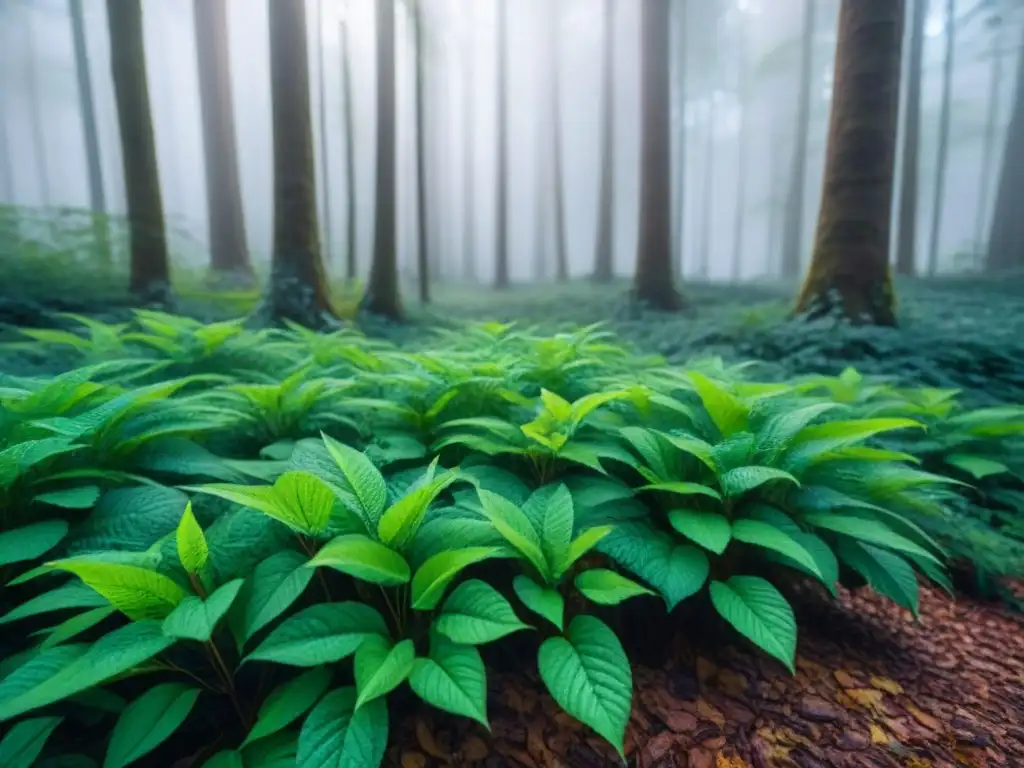 Bosque sereno con hojas verdes brillantes y neblina sutil