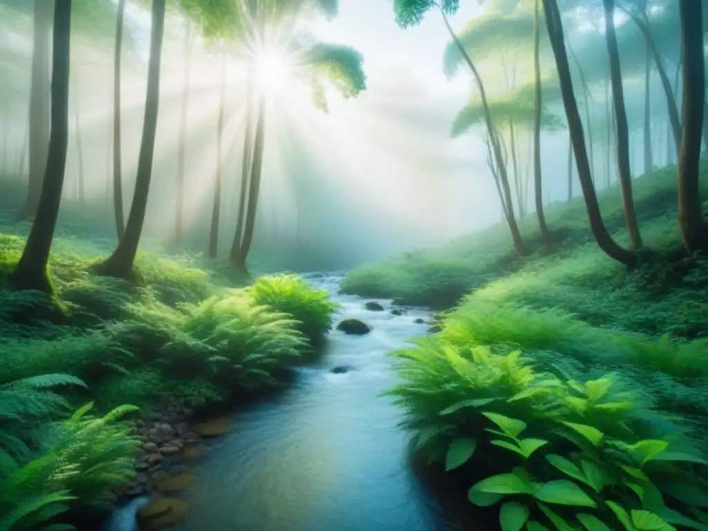 Un bosque sereno iluminado por rayos de sol, con un arroyo entre la exuberante vegetación, capturando la belleza de la naturaleza