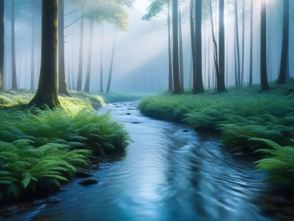 Un bosque sereno e intacto con altos árboles verdes bajo un cielo azul