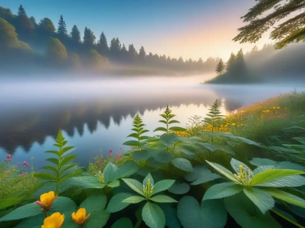 Un bosque sereno al amanecer con un lago tranquilo y coloridas flores silvestres, reflejando un amanecer vibrante