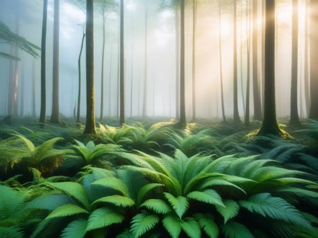 Bosque sereno al amanecer: belleza natural para reflexionar Un bosque sereno al amanecer, con luz dorada filtrándose entre los árboles
