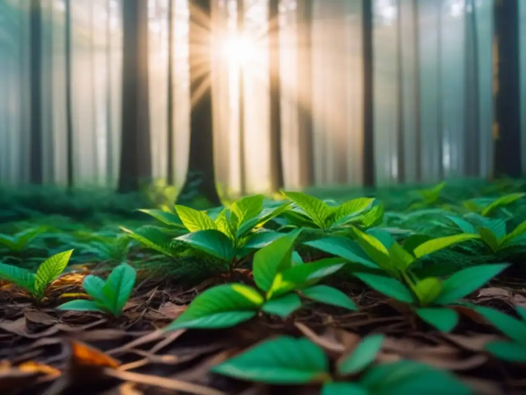 Un bosque sereno con luz filtrada entre las hojas, creando sombras en el suelo