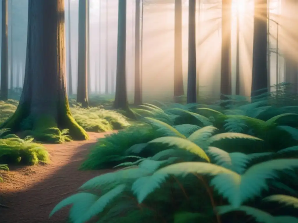 Un bosque sereno al amanecer con luz filtrada entre los árboles