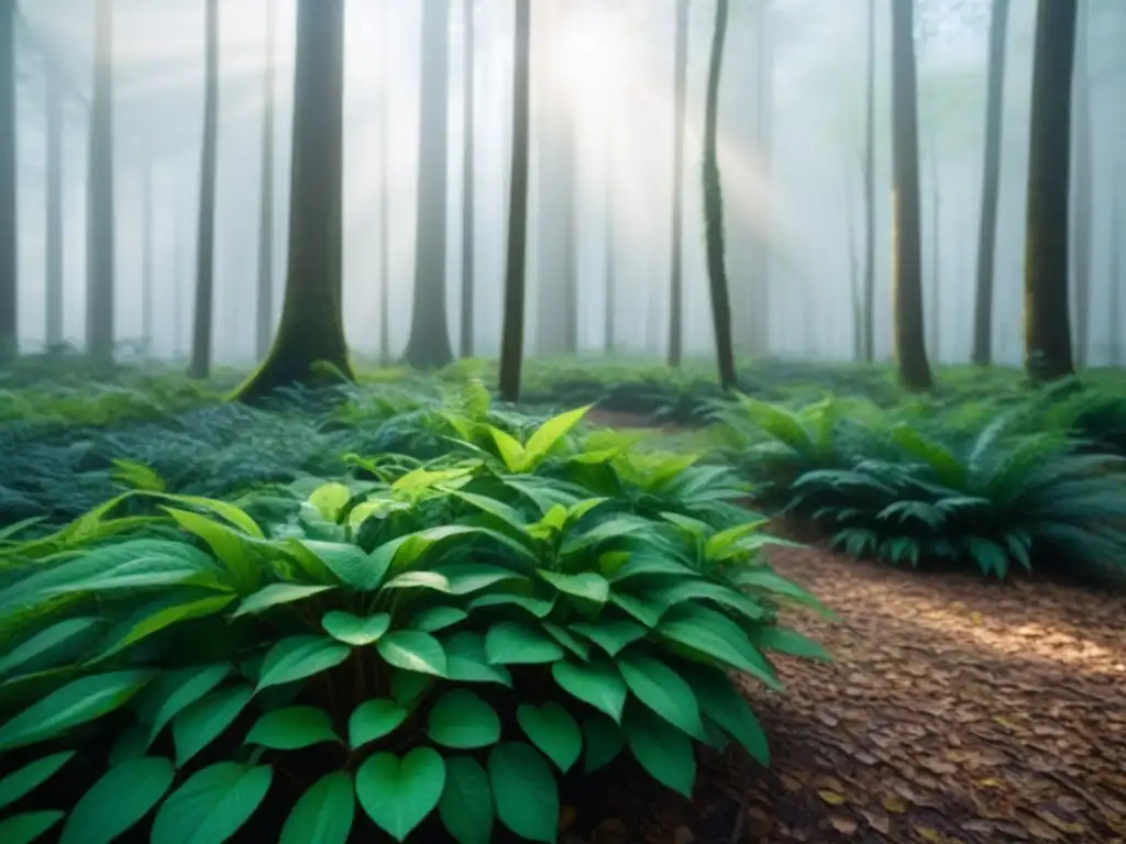 Un bosque sereno con luz filtrándose entre hojas verdes