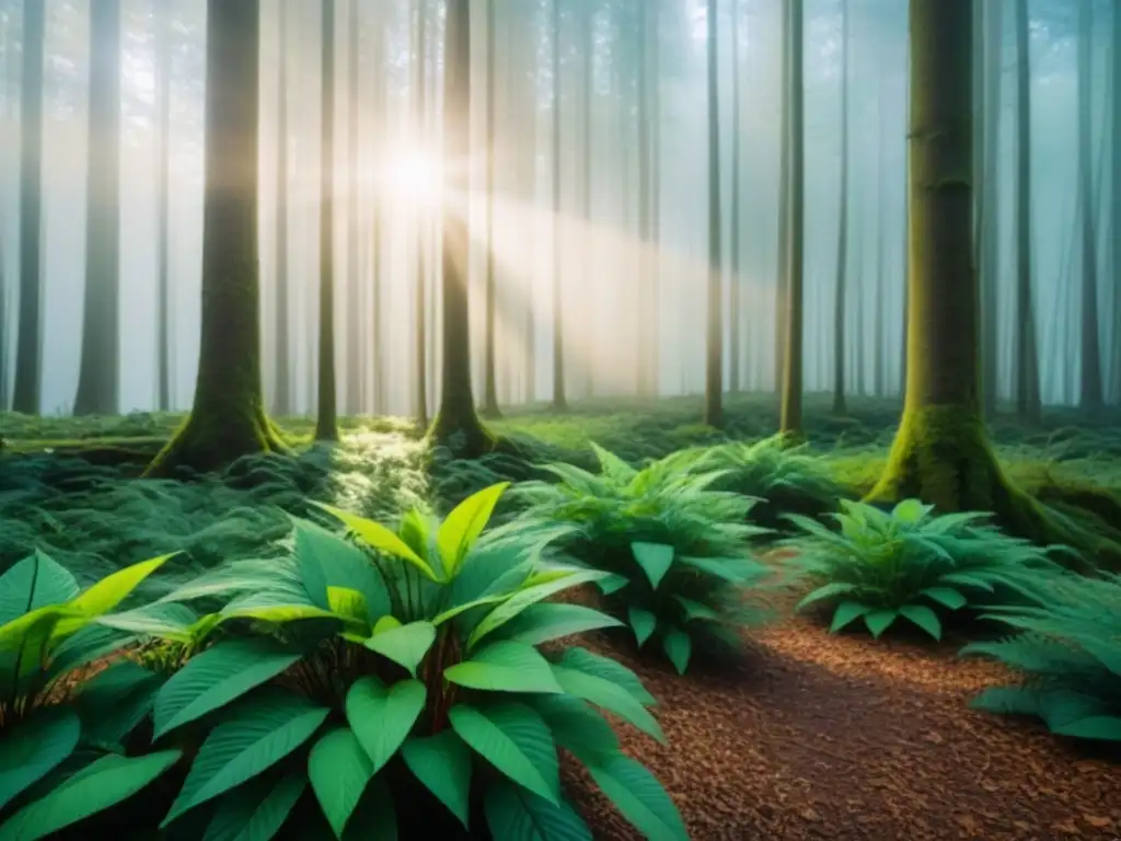 Un bosque sereno con luz solar entre las hojas, exuberante vegetación y atmósfera pacífica