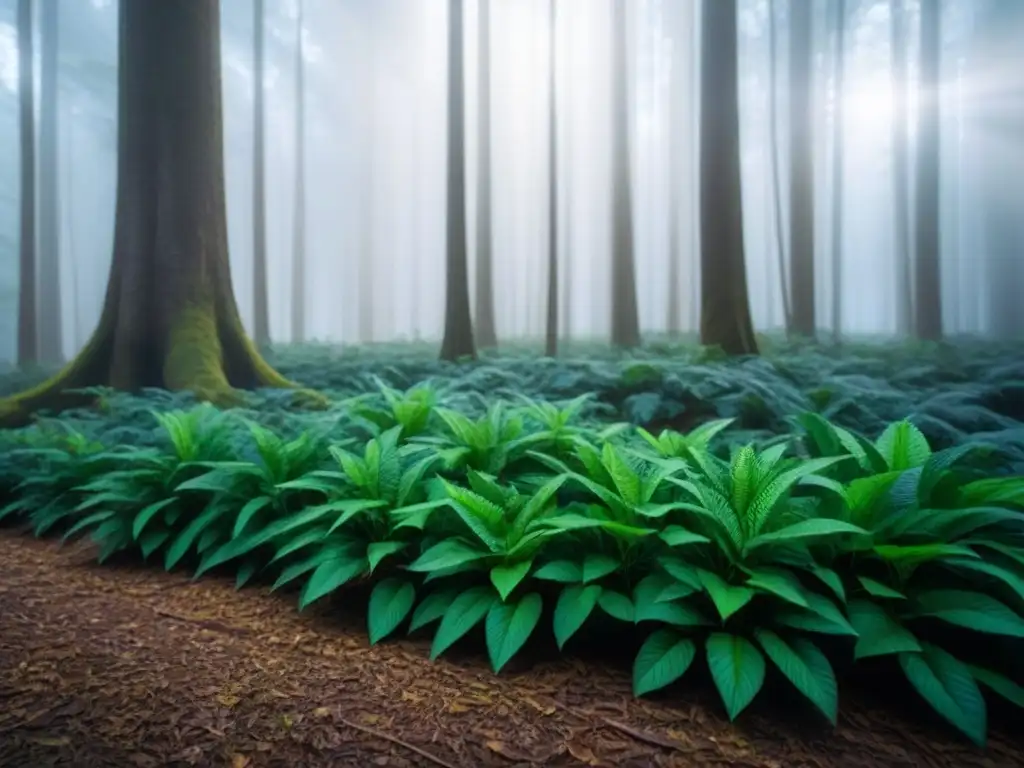 Bosque sereno con luz solar filtrándose entre las hojas, creando patrones en el suelo