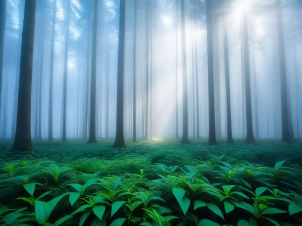 Un bosque sereno y majestuoso, con árboles altos y cielo azul