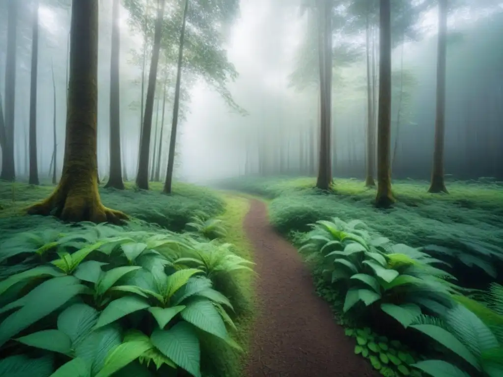 Un bosque sereno y minimalista con árboles imponentes, vegetación exuberante y un arroyo cristalino