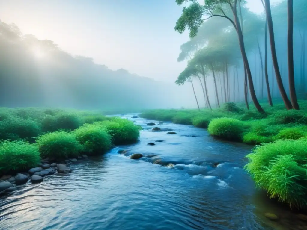 Un bosque sereno y minimalista con árboles verdes exuberantes, cielo azul claro y un arroyo suave