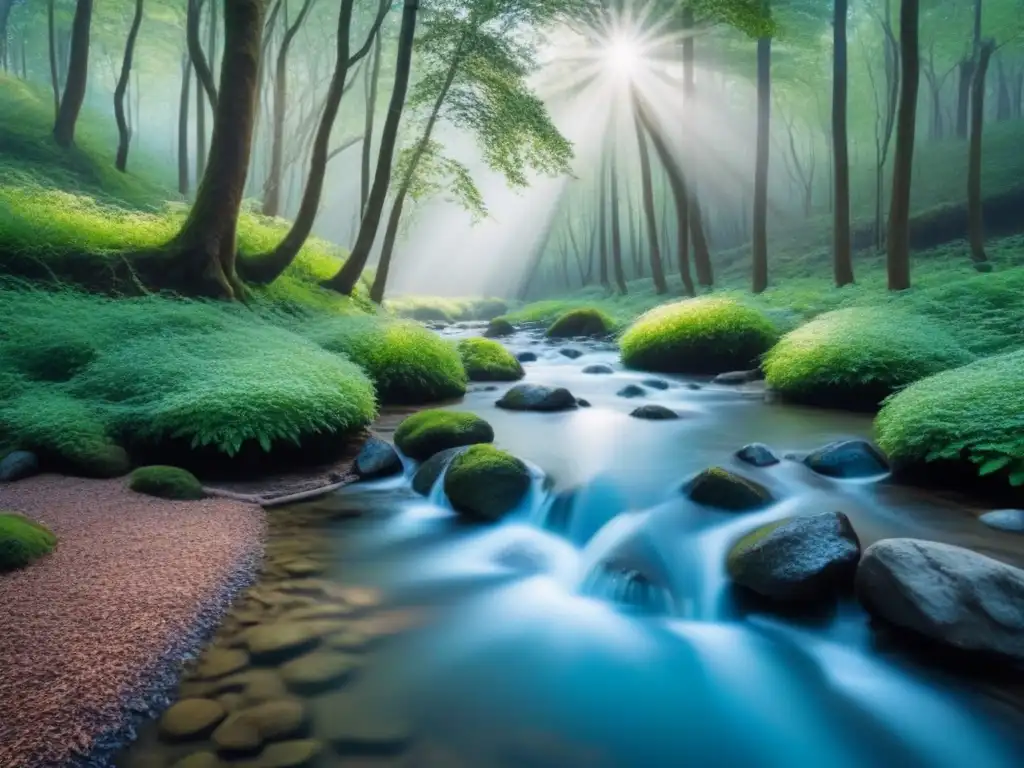 Un bosque sereno y minimalista con árboles verdes, cielo azul y un arroyo