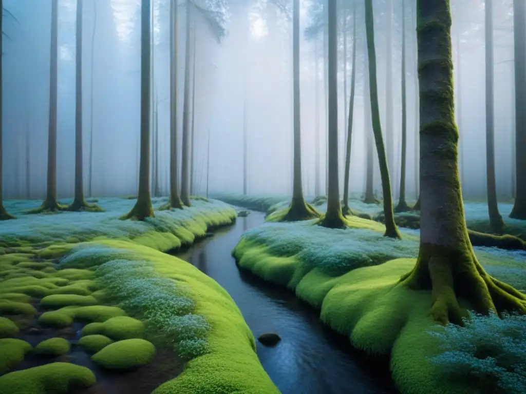 Un bosque sereno y minimalista con árboles altos y delgados en un paisaje de tranquilidad y armonía con la naturaleza