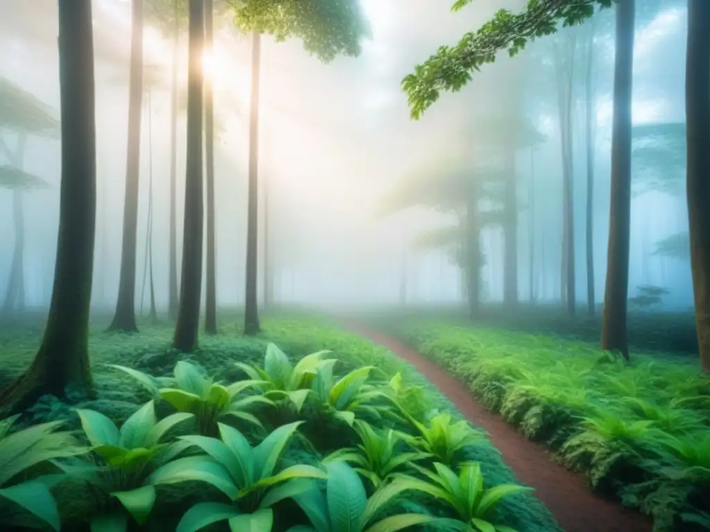 Un bosque sereno al amanecer, con la neblina elevándose y la luz del sol filtrándose entre los árboles