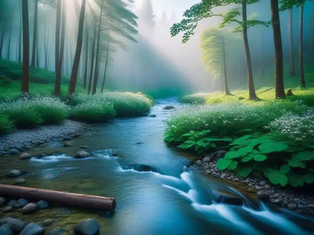 Un bosque sereno y protegido con árboles verdes, flores silvestres y un arroyo cristalino