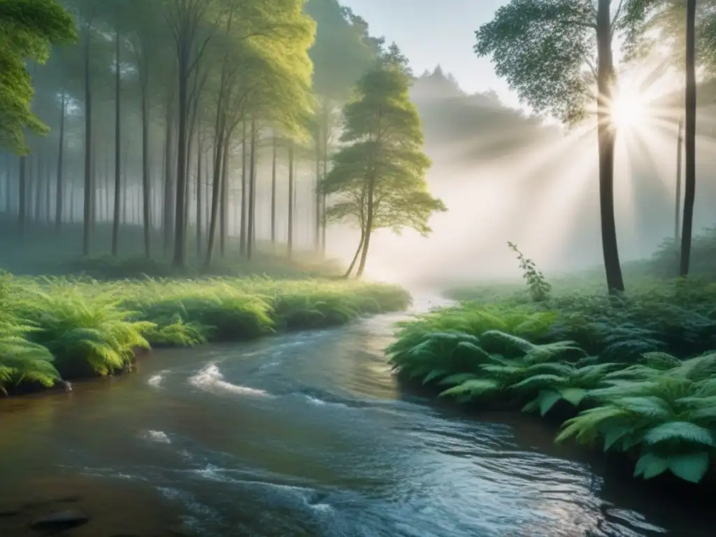 Un bosque sereno al amanecer con rayos dorados de sol entre el dosel verde, iluminando arroyo y naturaleza