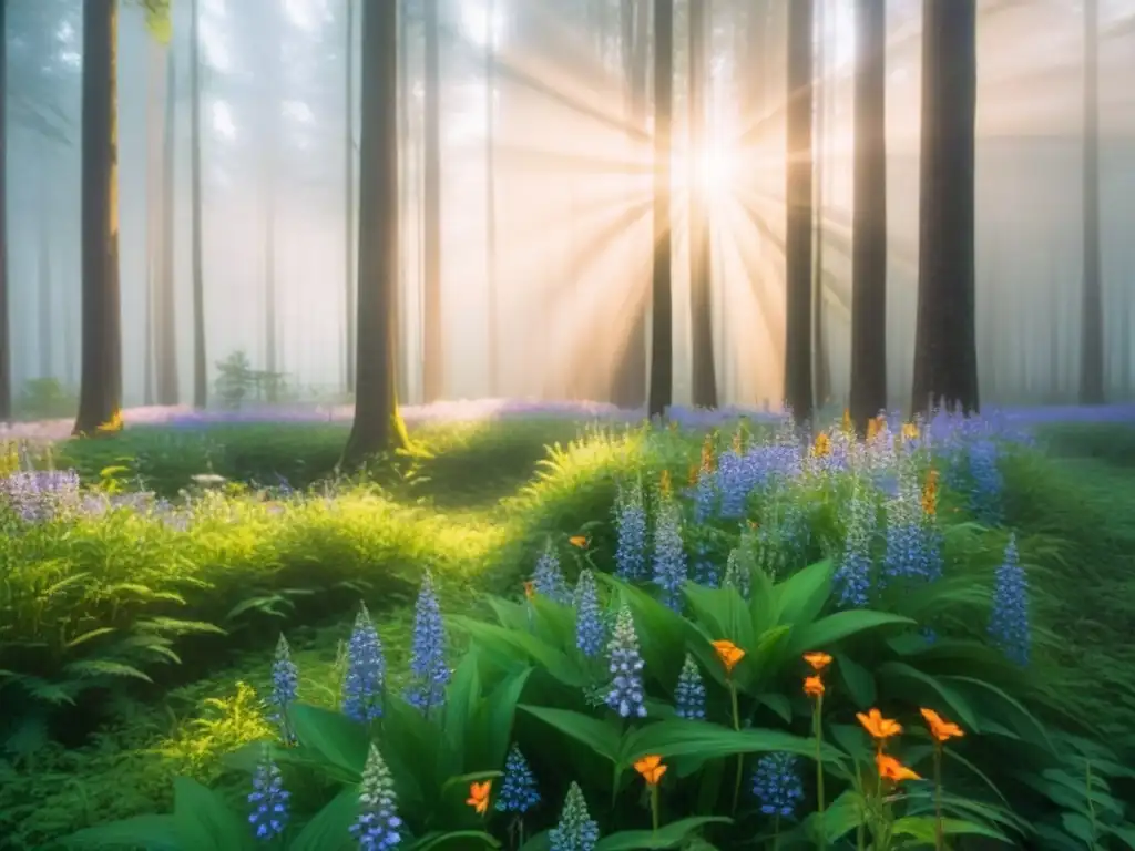 Un bosque sereno al amanecer con rayos de sol filtrándose entre árboles altos y flores silvestres en flor, mostrando la belleza de la naturaleza