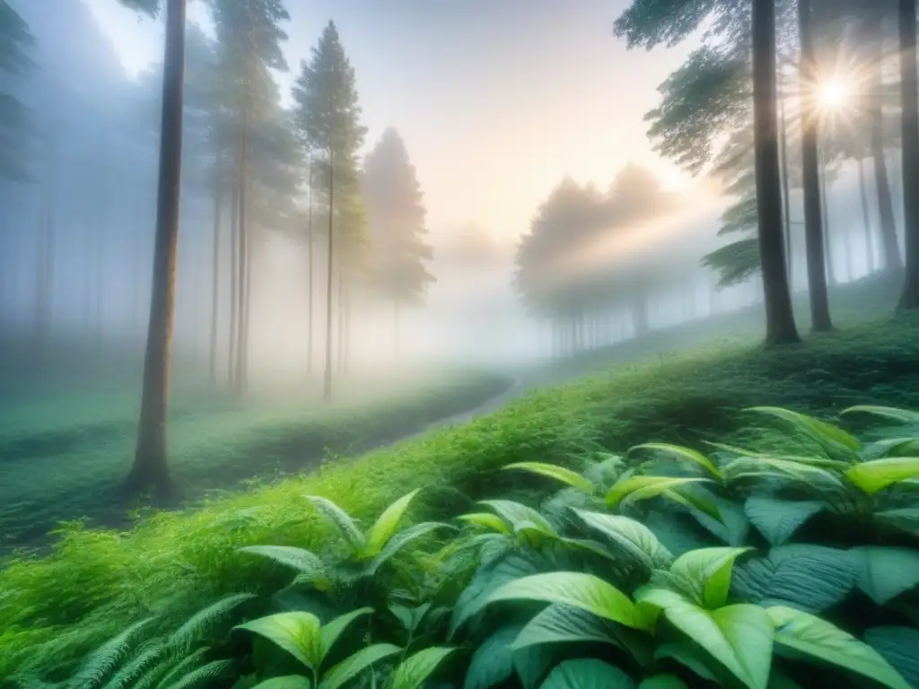 Bosque sereno al amanecer: imagen 8k ultra detallada Un bosque sereno al amanecer con una suave niebla entre los árboles verdes