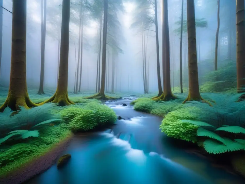 Un bosque sereno y vasto, con árboles altos y cielo azul