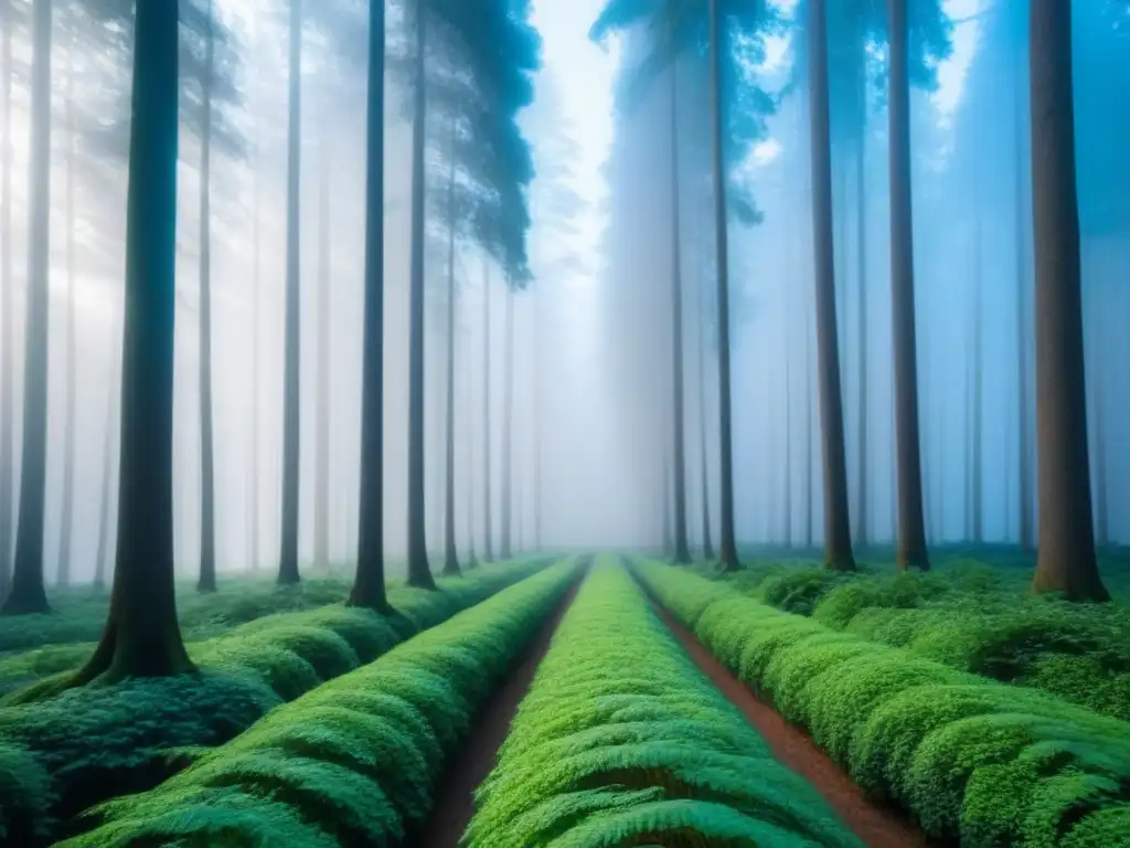 Bosque sereno y vasto, árboles altos y verdes hacia el cielo azul