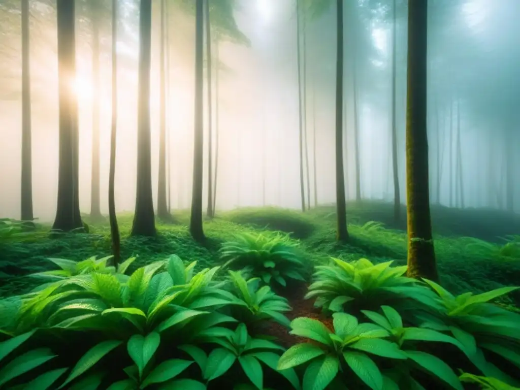 Un bosque sereno y verde al amanecer, con detalles precisos y un suave y etéreo filtrado de luz a través del dosel