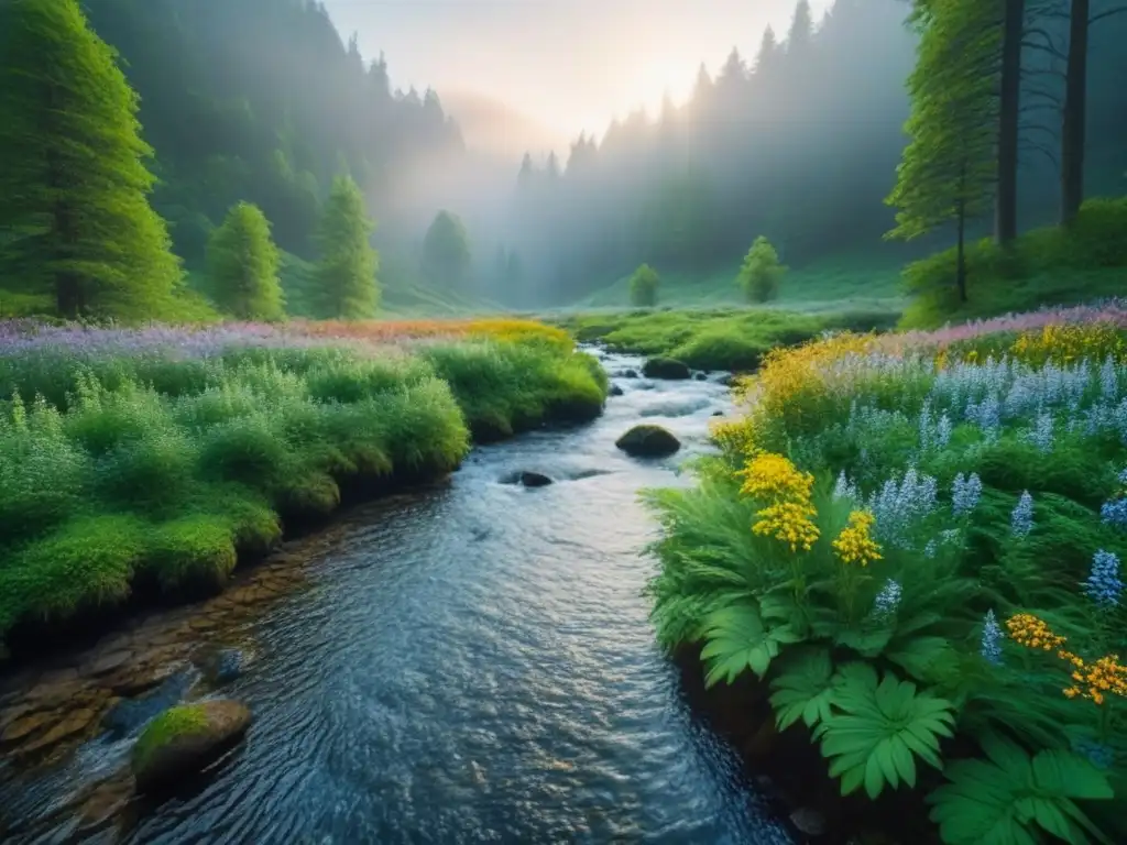 Un bosque sereno y vibrante, con árboles verdes, arroyo cristalino y flores silvestres