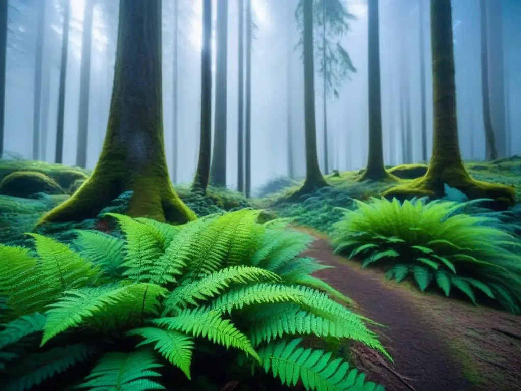 Un bosque sereno y vibrante bajo un cielo azul, reflejando la armonía ecológica