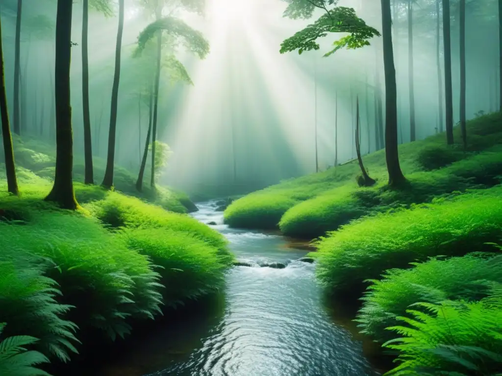 Bosque intocado: armonía natural y biodiversidad Un bosque sereno y vibrante con vida silvestre, arroyo cristalino y luz filtrando a través del dosel