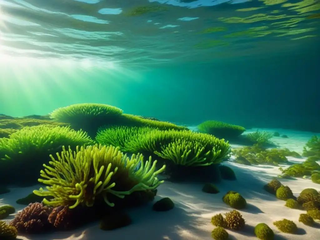 Un bosque submarino de algas verdes y marrones en agua cristalina con juegos de luz y sombra