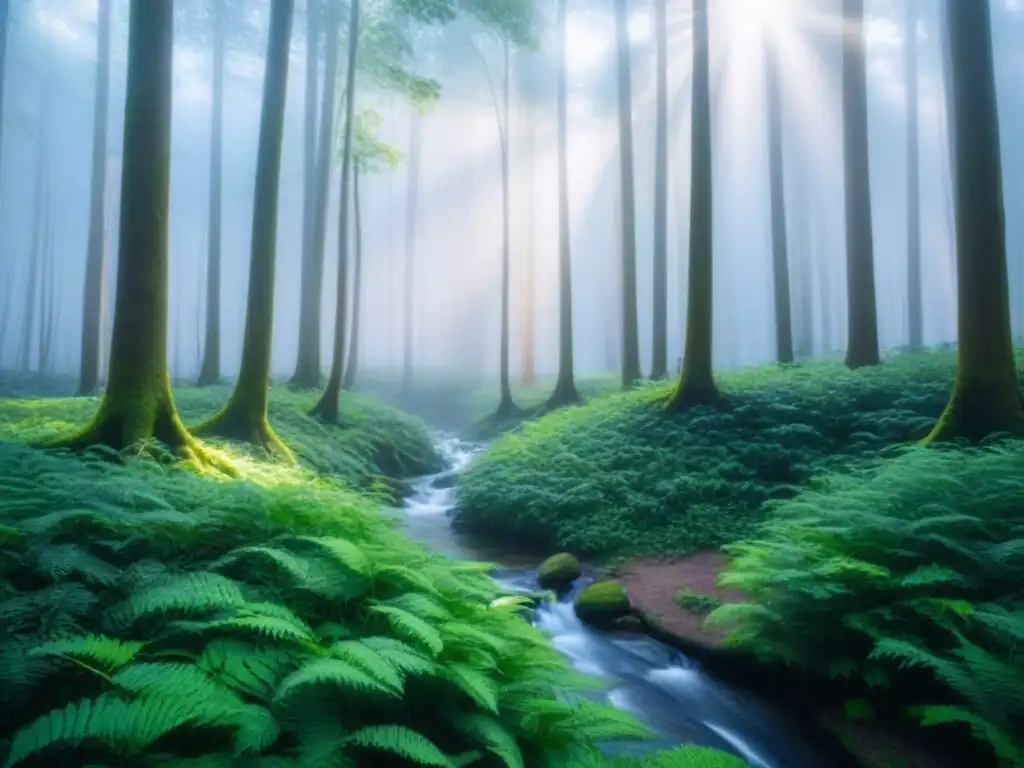 Un bosque tranquilo y exuberante con árboles altos y delgados que alcanzan el cielo azul