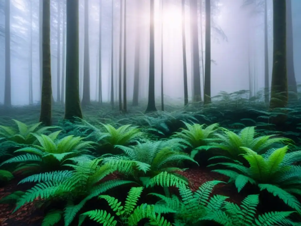 Un bosque tranquilo al amanecer con luz filtrándose entre las hojas, creando patrones en el suelo