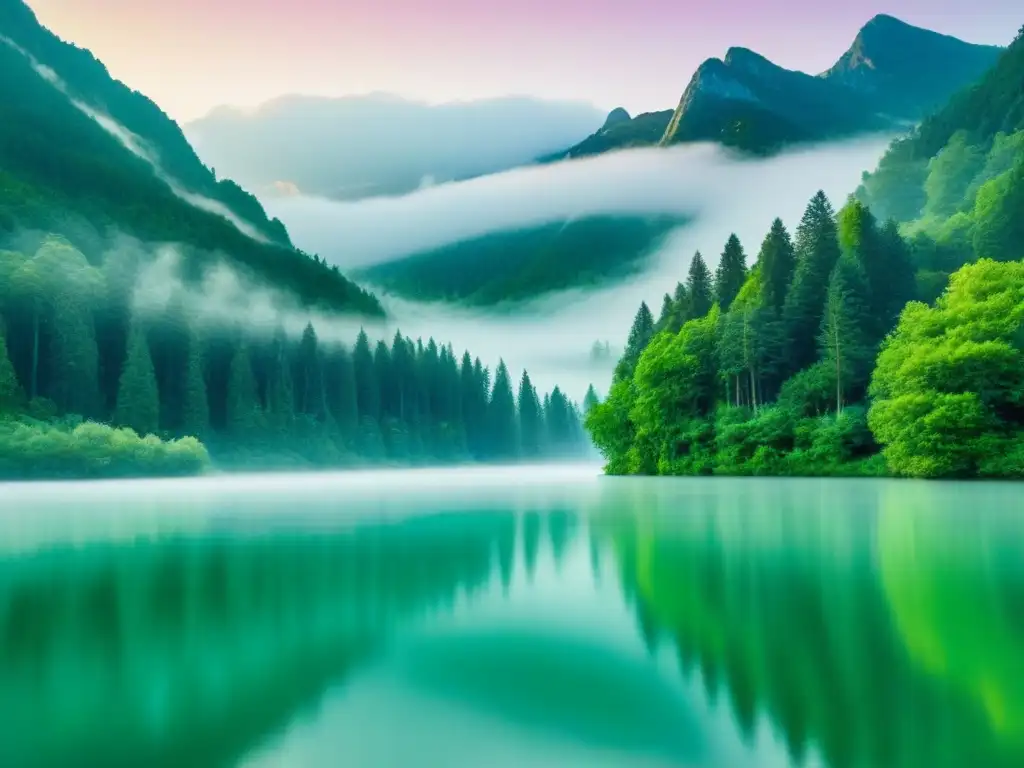 Un bosque tranquilo y sereno con árboles verdes reflejados en un lago calmado, bajo un cielo pastel