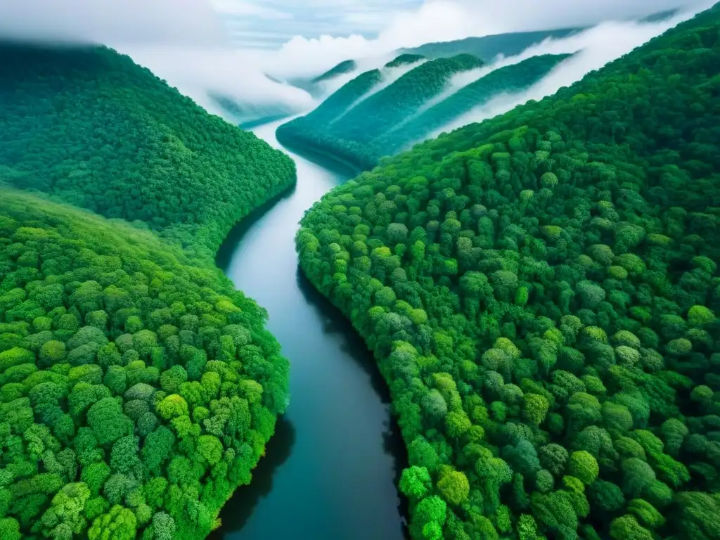 Un bosque tropical exuberante desde un punto de vista aéreo, con árboles verdes vibrantes, ríos serpenteantes y un cielo azul