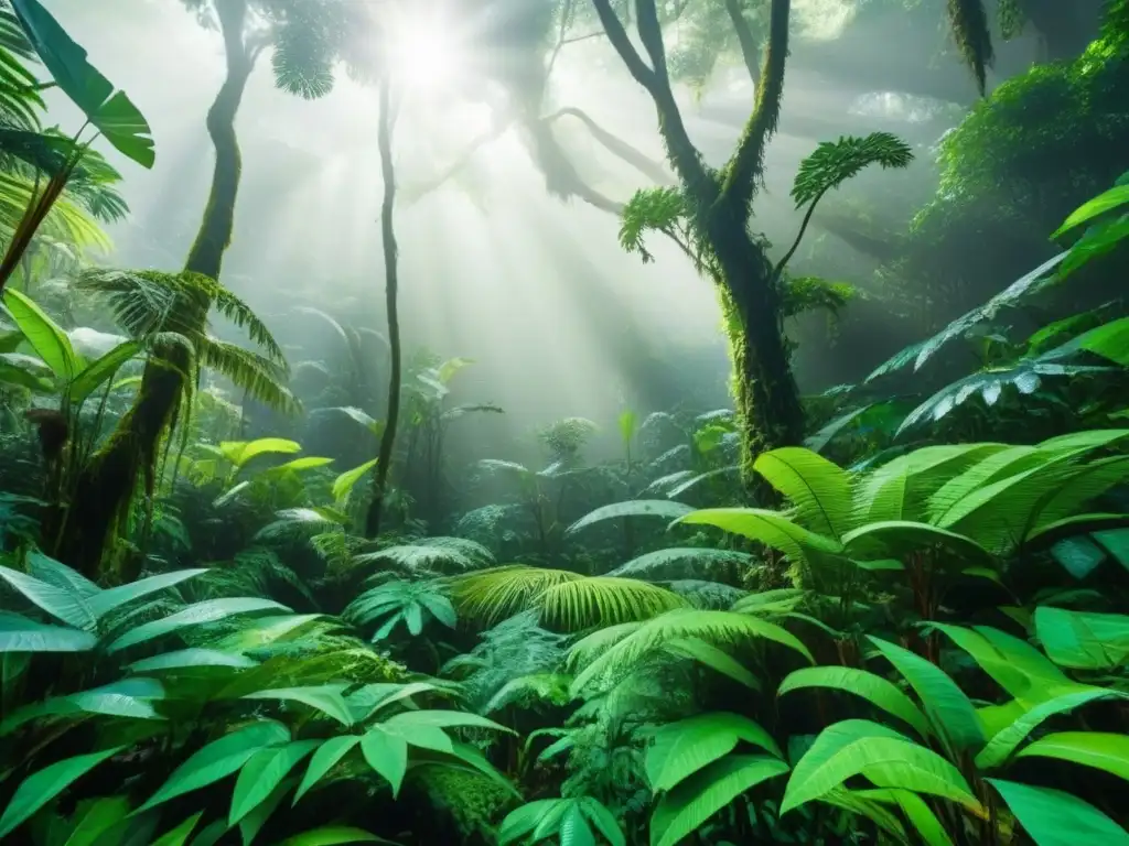 Un bosque tropical vibrante, lleno de vida, con aves exóticas y mariposas coloridas