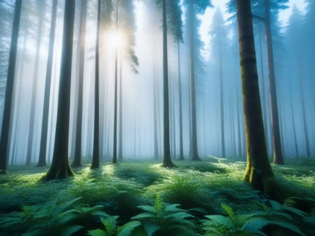 Bosque verde con árboles majestuosos y flores silvestres