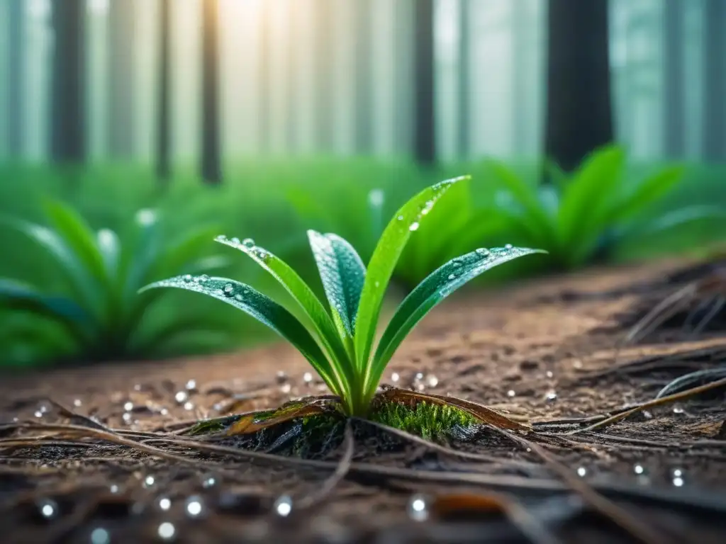 Un bosque verde cubierto de rocío, con luz suave filtrándose entre las hojas