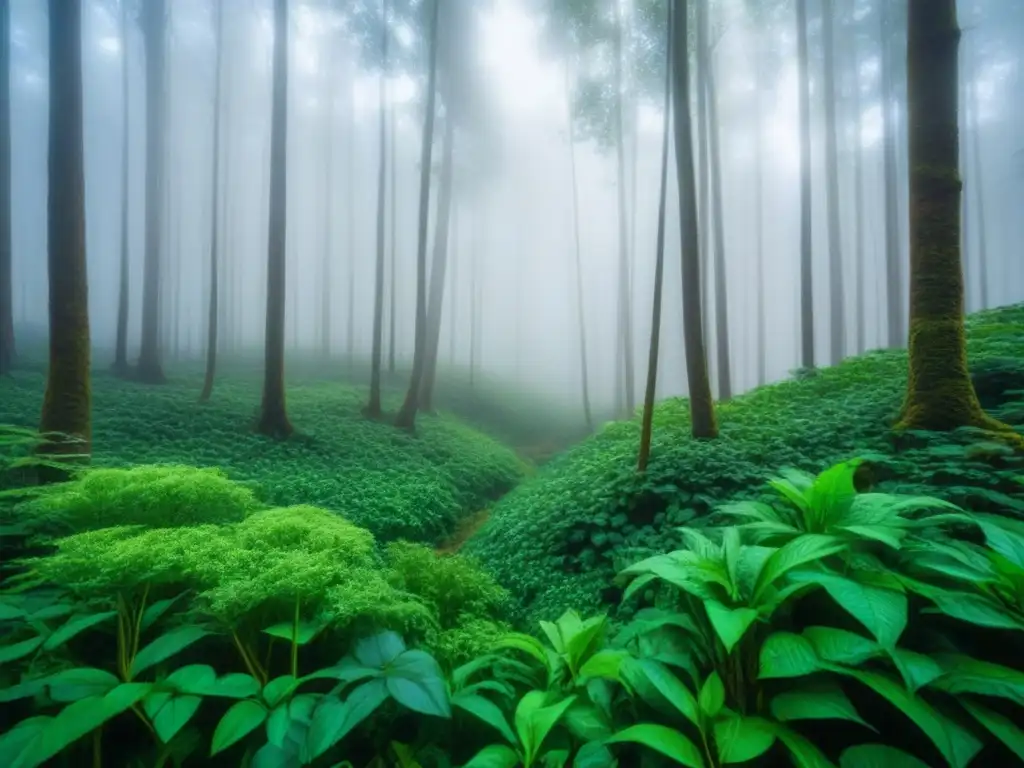 Bosque verde exuberante con alimentos vegetales vibrantes, reflejando la importancia de la alimentación basada en plantas