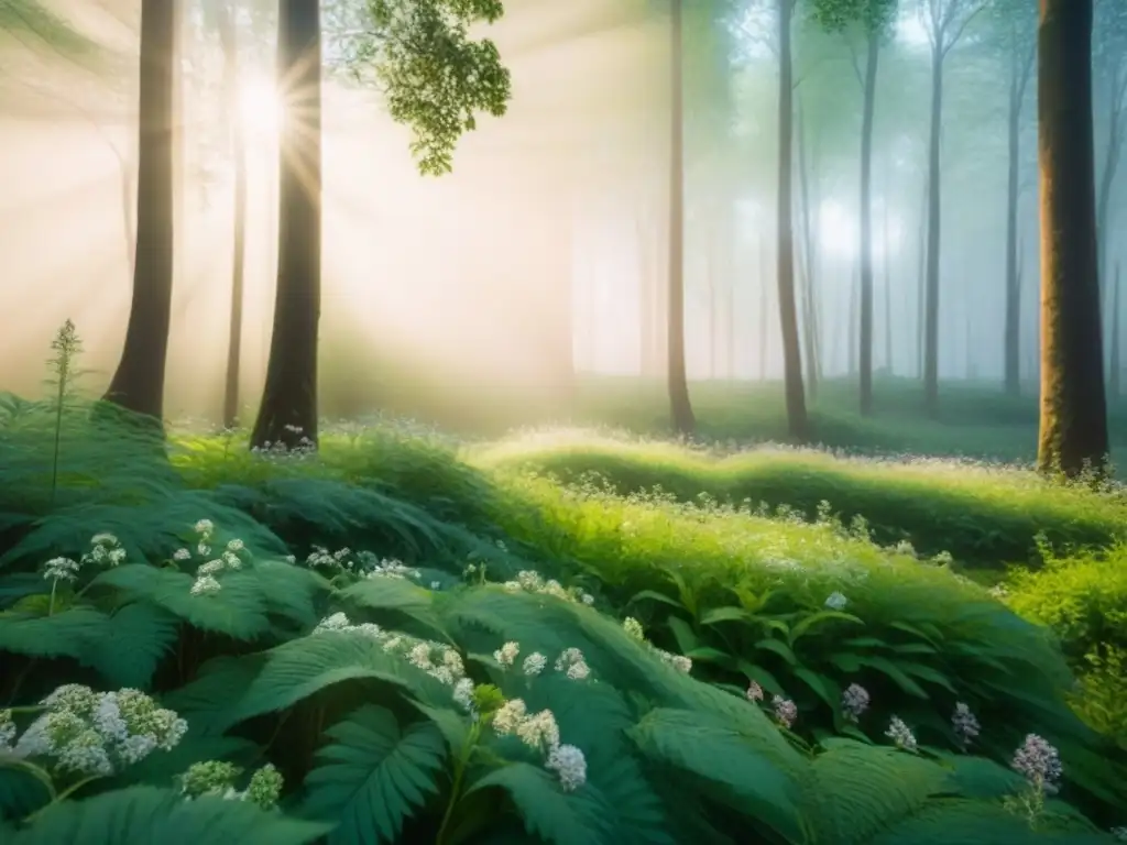 Un bosque verde exuberante al amanecer, iluminado por rayos de sol filtrados entre la vegetación