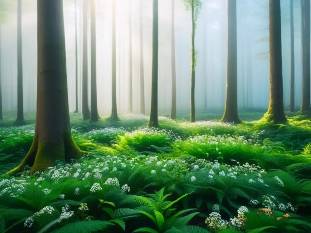 Un bosque verde exuberante con árboles altos y plantas vibrantes