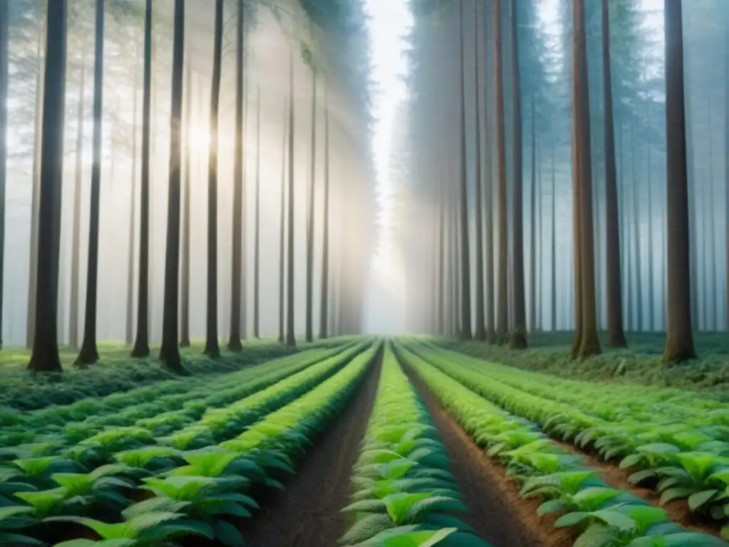 Un bosque verde exuberante con árboles alineados, personas realizando actividades sostenibles