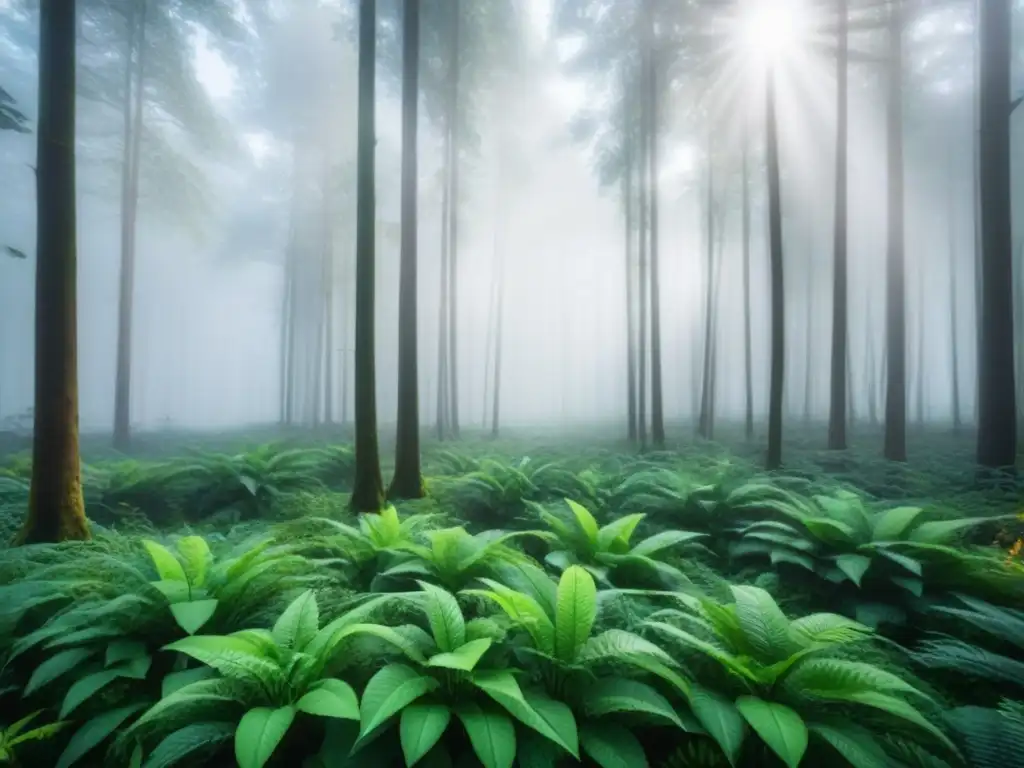 Un bosque verde exuberante con árboles, plantas y vida silvestre