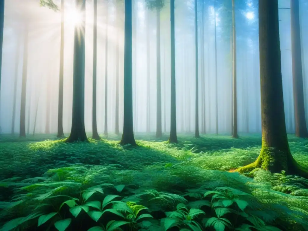 Un bosque verde exuberante con árboles altos bajo un cielo azul claro