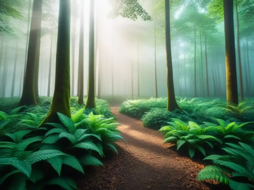 Un bosque verde exuberante con árboles altos y follaje frondoso, rayos de sol filtrándose entre las copas, creando una atmósfera serena y pacífica