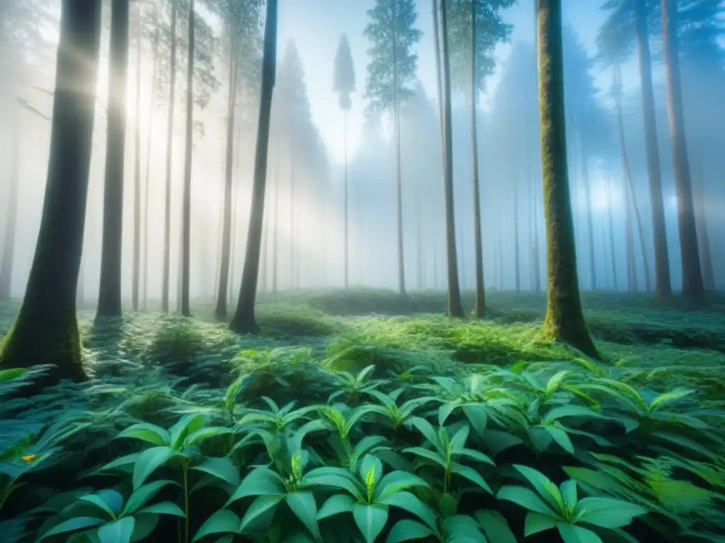 Bosque verde exuberante en armonía, bajo cielo azul y sol suave