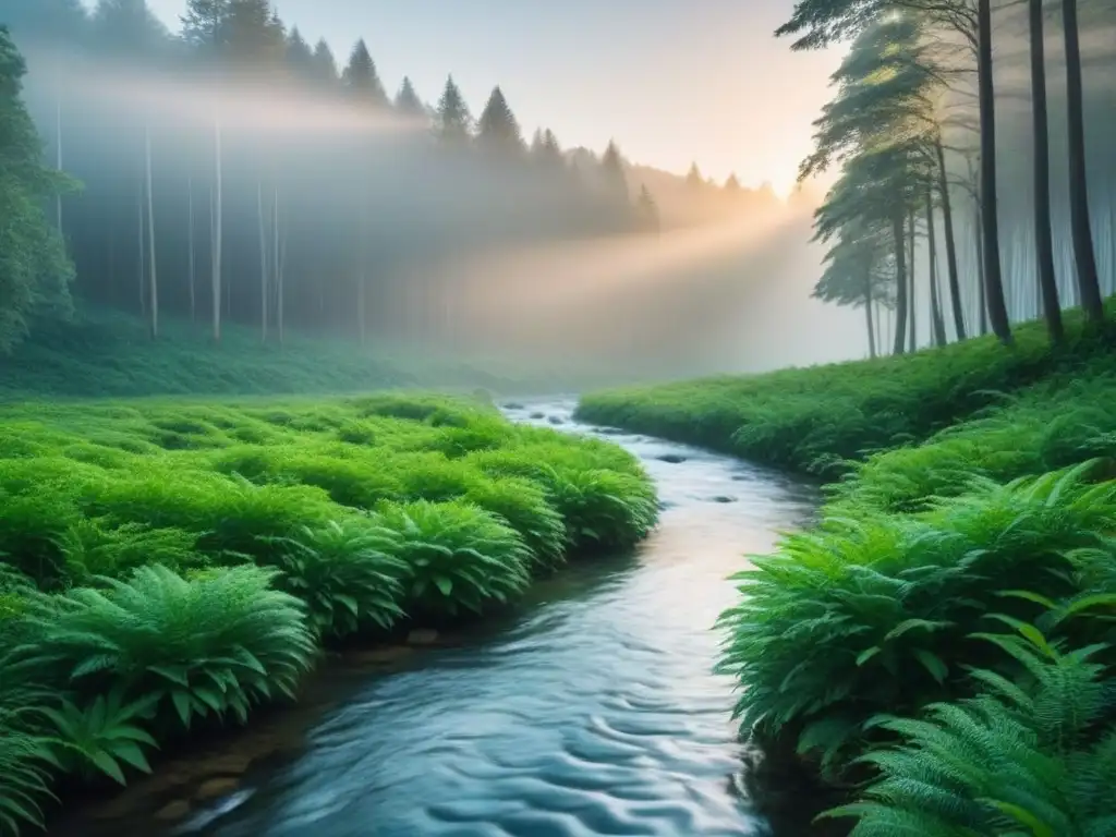 Un bosque verde exuberante con un arroyo cristalino, reflejando la luz del sol entre los árboles