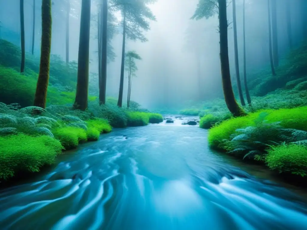 Un bosque verde exuberante con un arroyo azul, aves, mariposas y venados