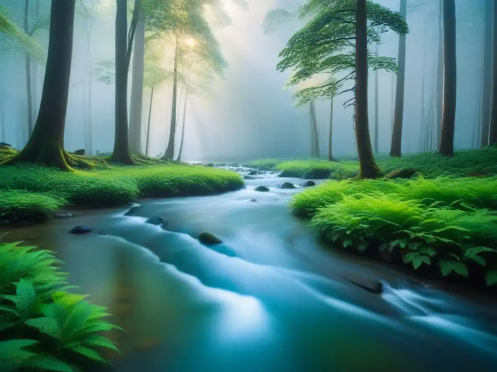 Un bosque verde exuberante con un arroyo sereno, reflejando la luz del sol